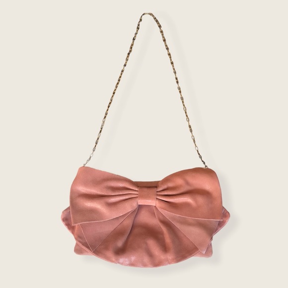 RED Valentino Shimmery Dusty Pink Bow Clutch Crossbody Bag With Gold Chain Strap - Picture 1 of 16